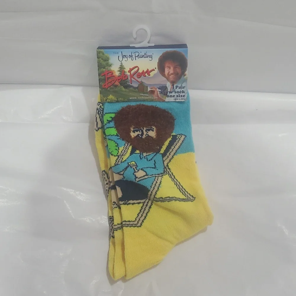 Bob Ross The Joy of Painting unisex yellow blue‎ crew socks new